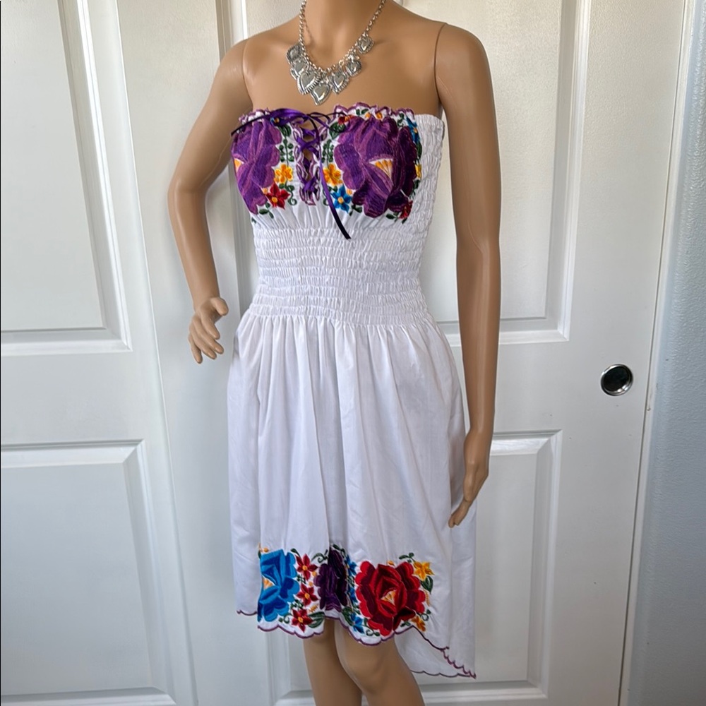 handmade ethnic floral strapless sun dress swim cover beachwear cruise S M